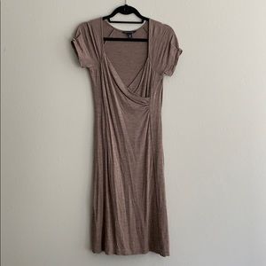 Short sleeved taupe faux wrap dress